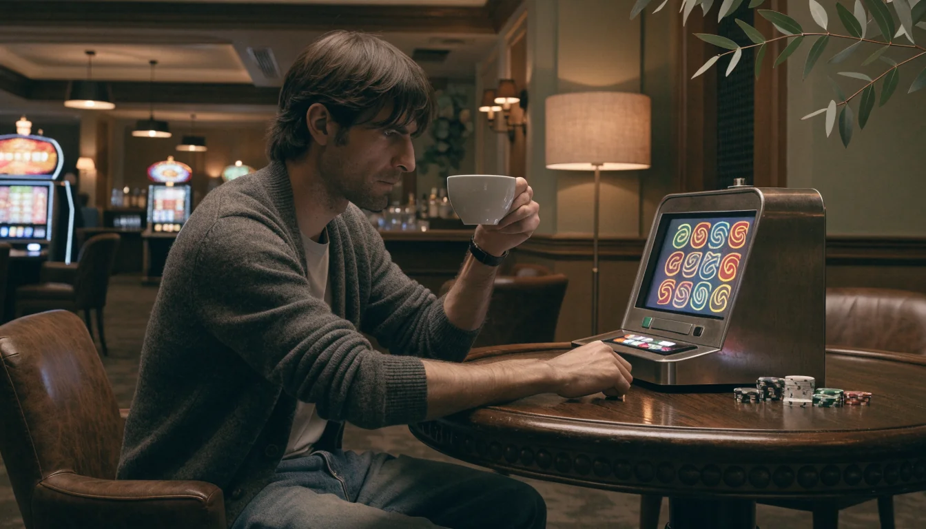 Player contemplating slot machine odds in Australian lounge