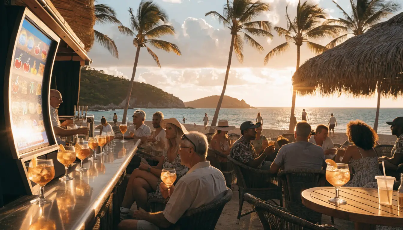 Australian beach bar with colorful slot machine at sunset