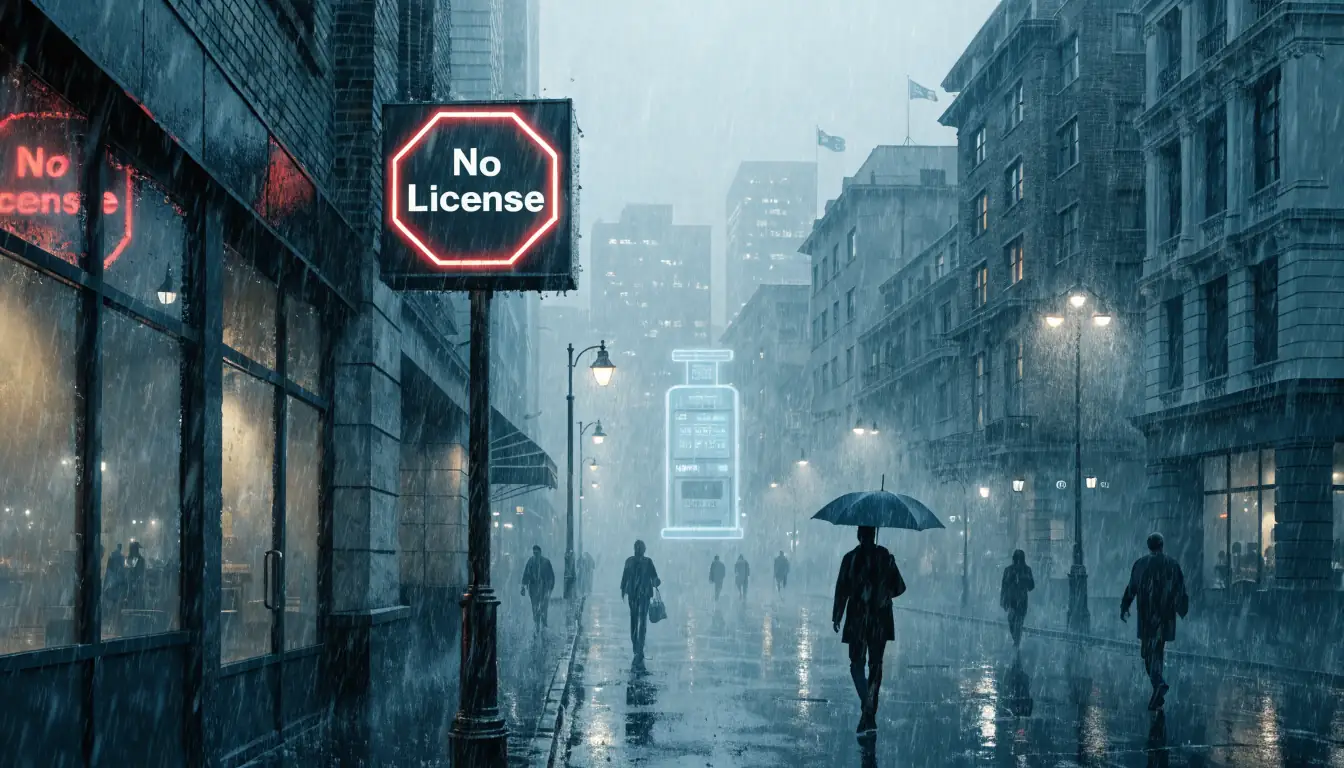 Night city street with 'No License' sign and fading slot machine