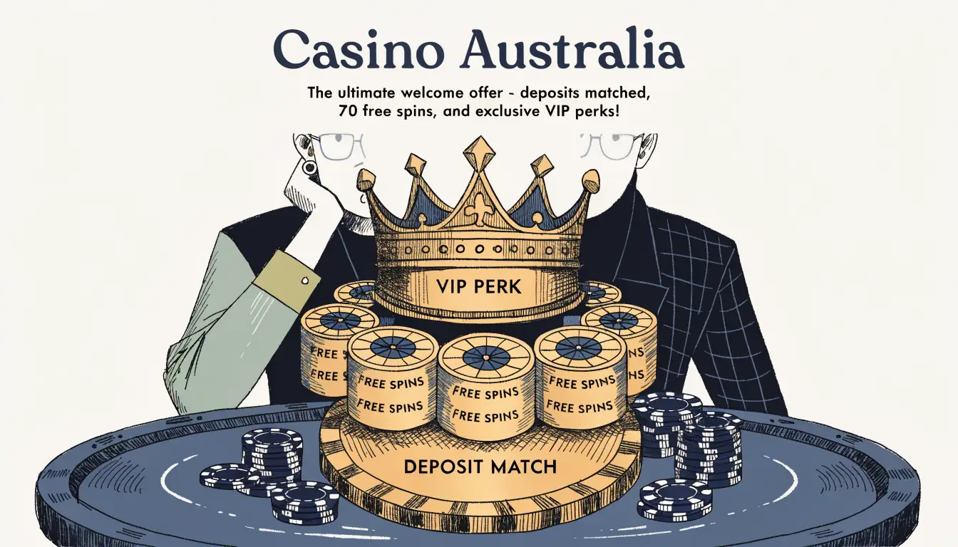 Layered casino welcome bonus with deposit, free spins, VIP perk
