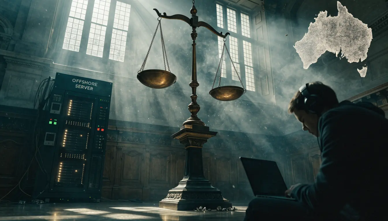 Courtroom scales, offshore server and Australian map illustrating legal context