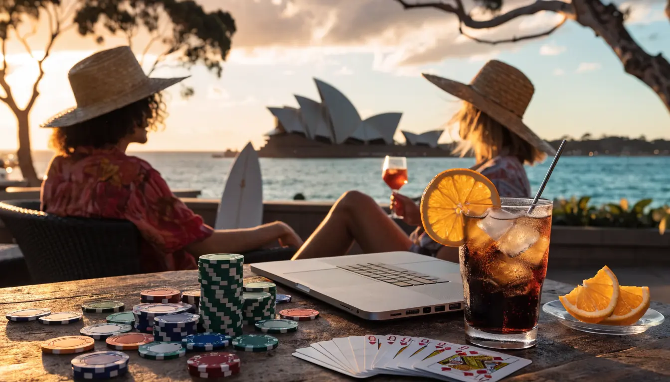 Australian beachside casino lounge with bonus code on laptop
