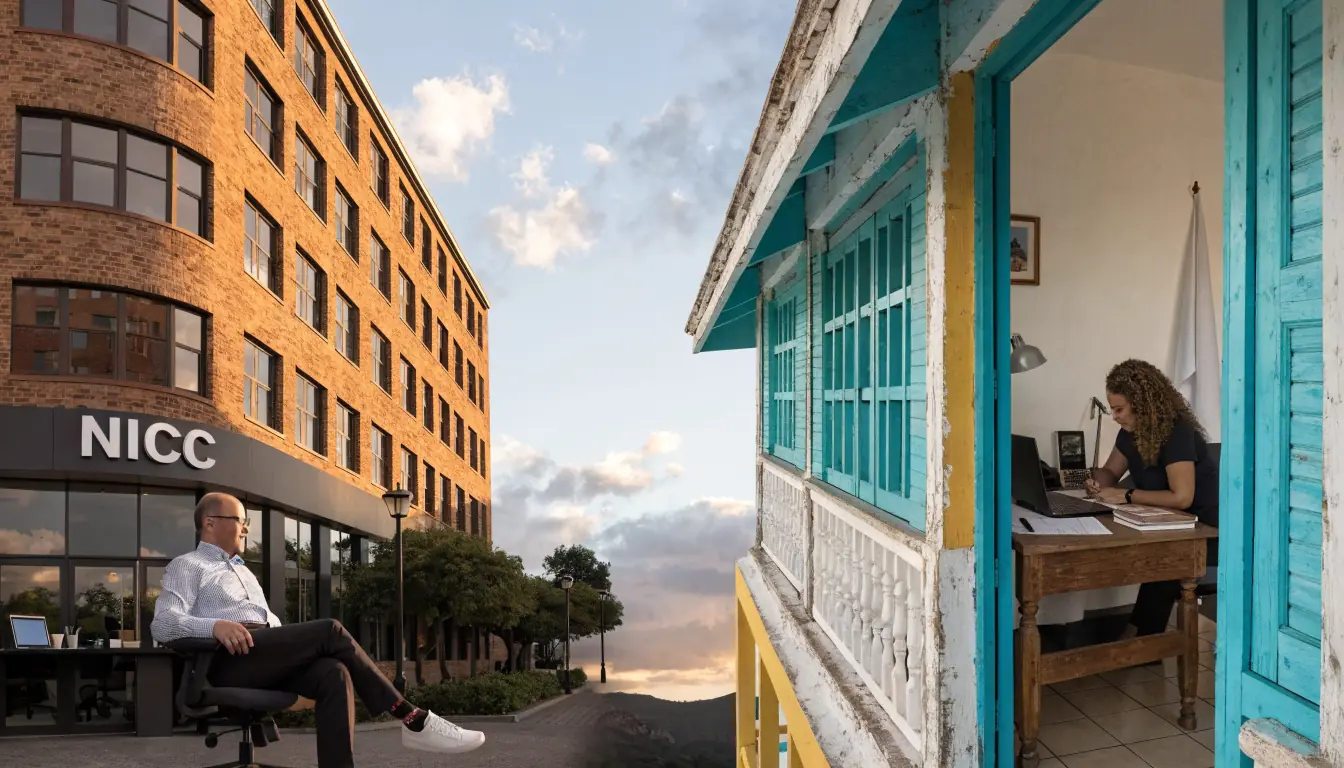 Split scene of Australian regulator building and Curacao office