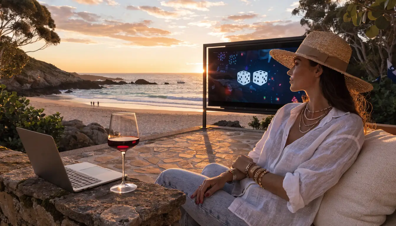 Australian beach lounge with digital dice graphics and laptop at sunset
