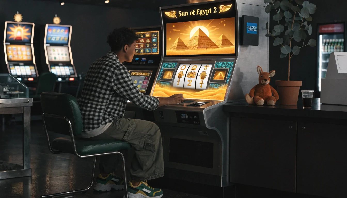 Egyptian-themed slot machine with Amex terminal in Australian casino