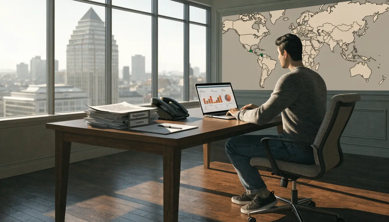 Office desk with laptop, documents, and Costa Rica highlighted on map