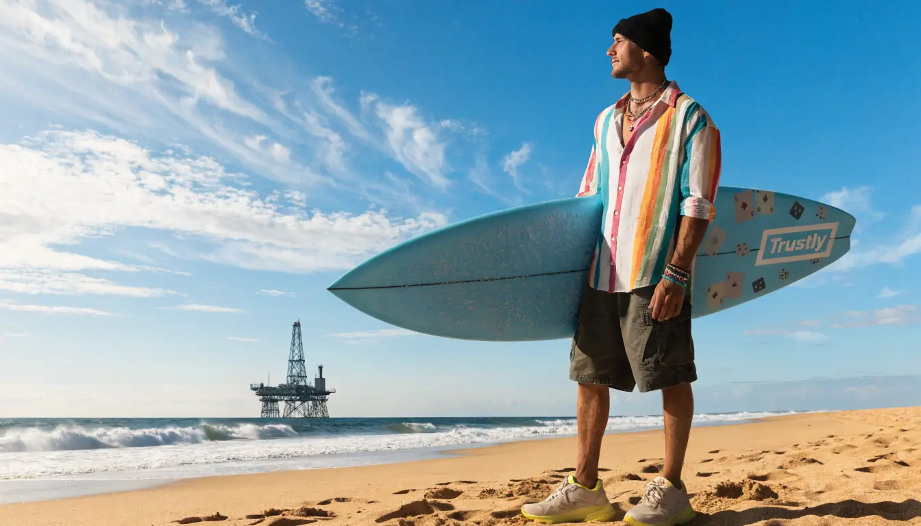 Surfer with casino-themed surfboard and subtle Trustly logo on beach.