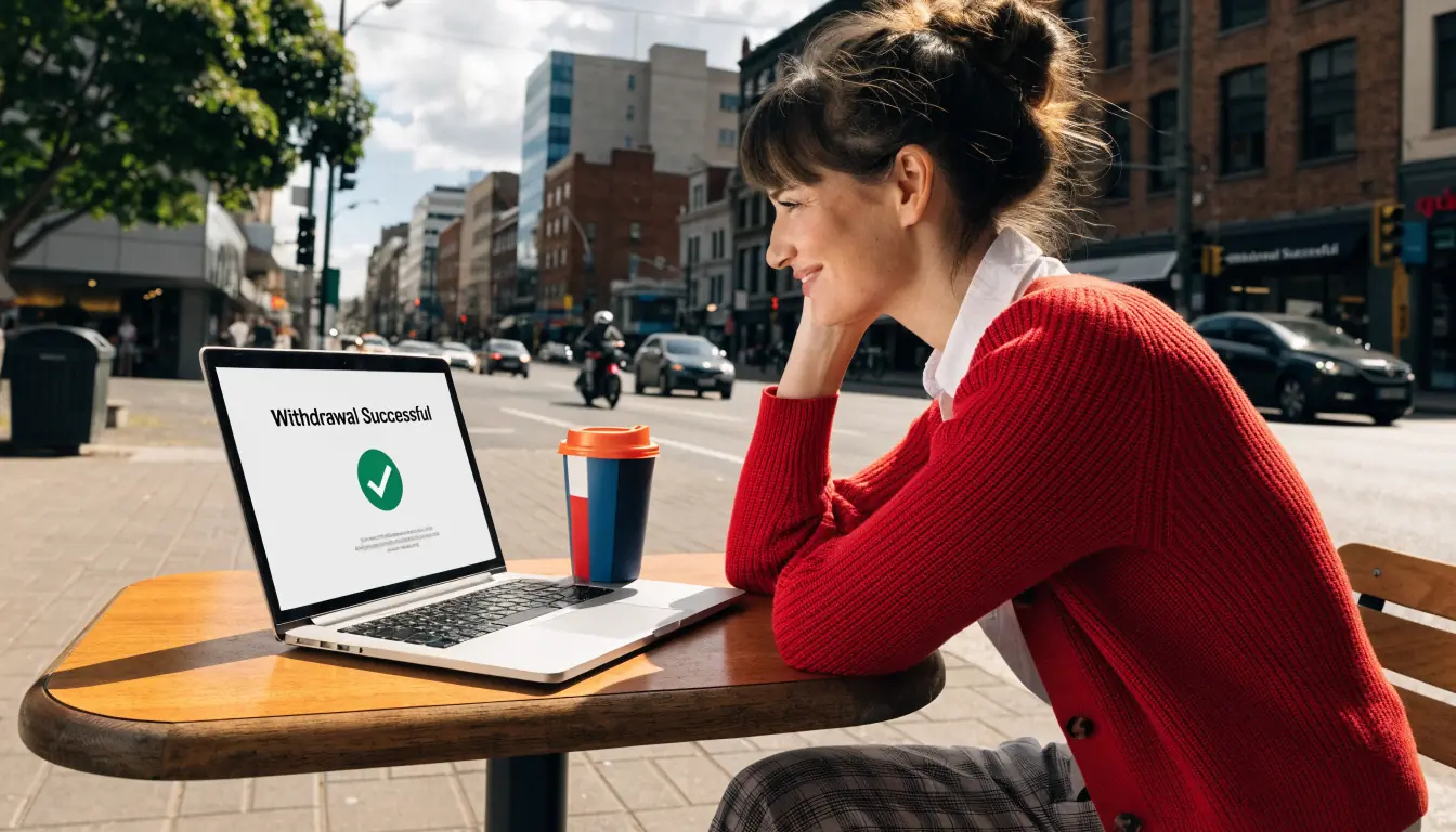 Woman in cafe checking successful Trustly withdrawal on laptop.
