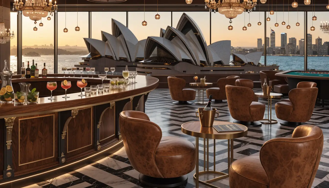 Luxurious Australian casino VIP lounge with Sydney skyline