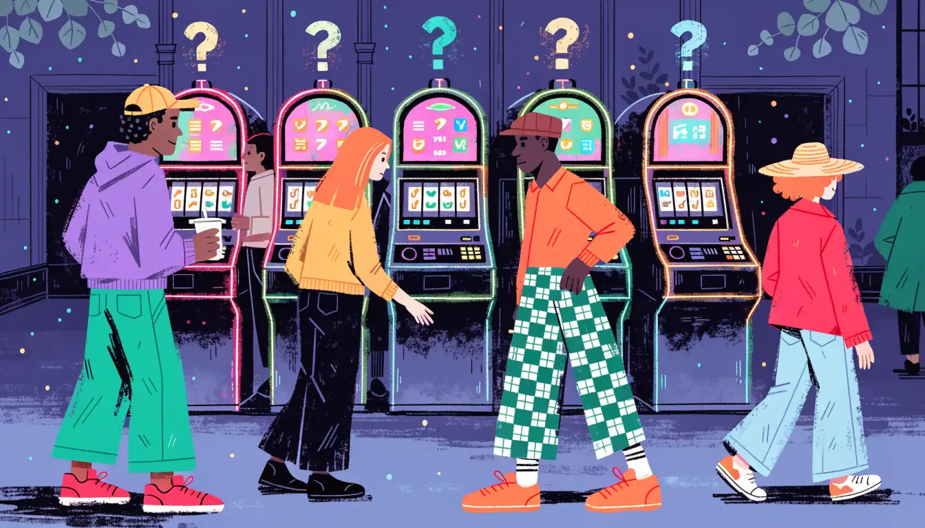 Blurred slot machines with floating question marks