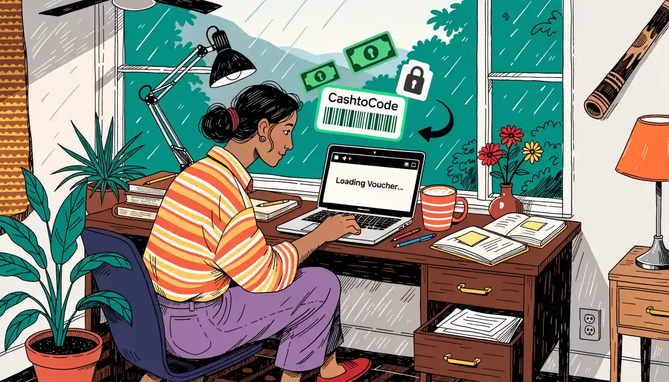 Person loading CashtoCode voucher into online casino on laptop