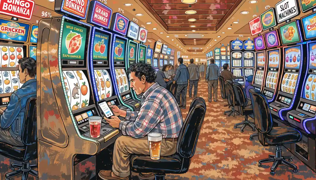 Casino floor with slots and player using Google Pay on phone