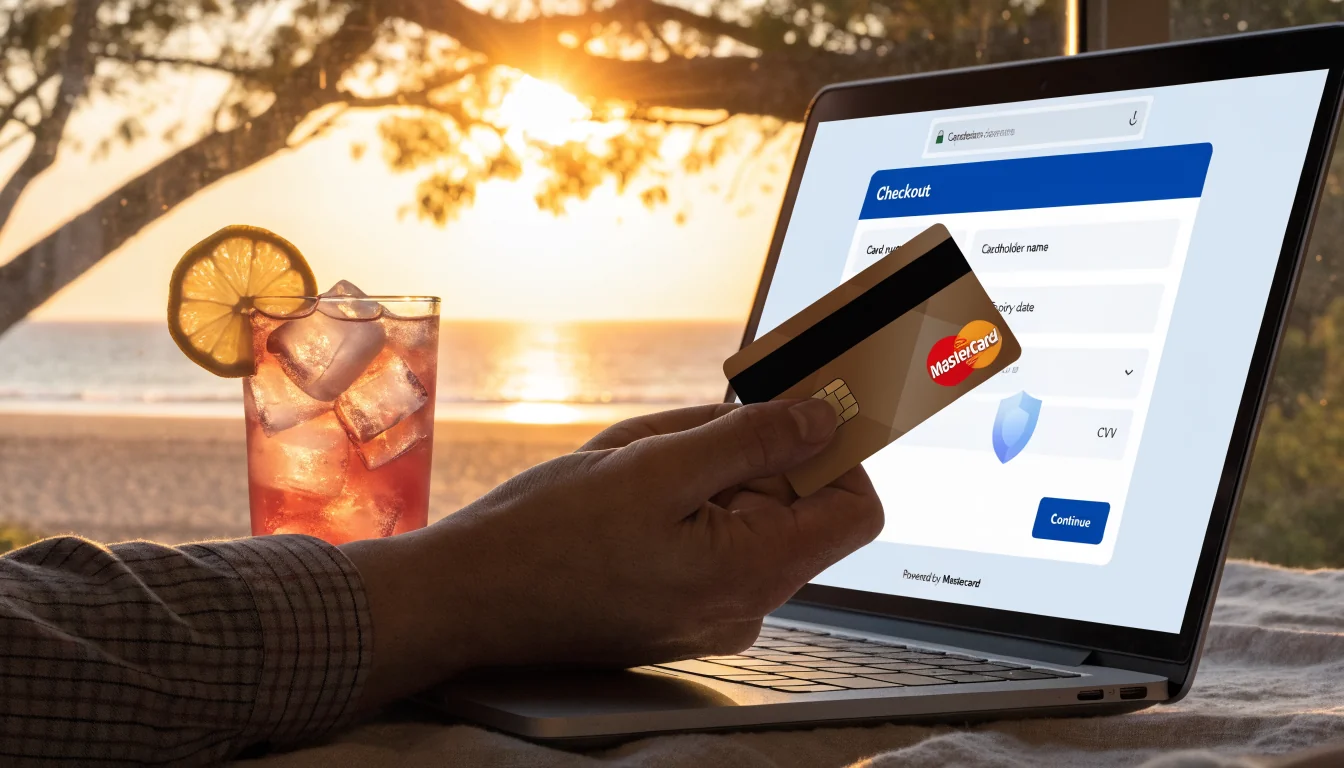 Hand with Mastercard near laptop showing secure checkout