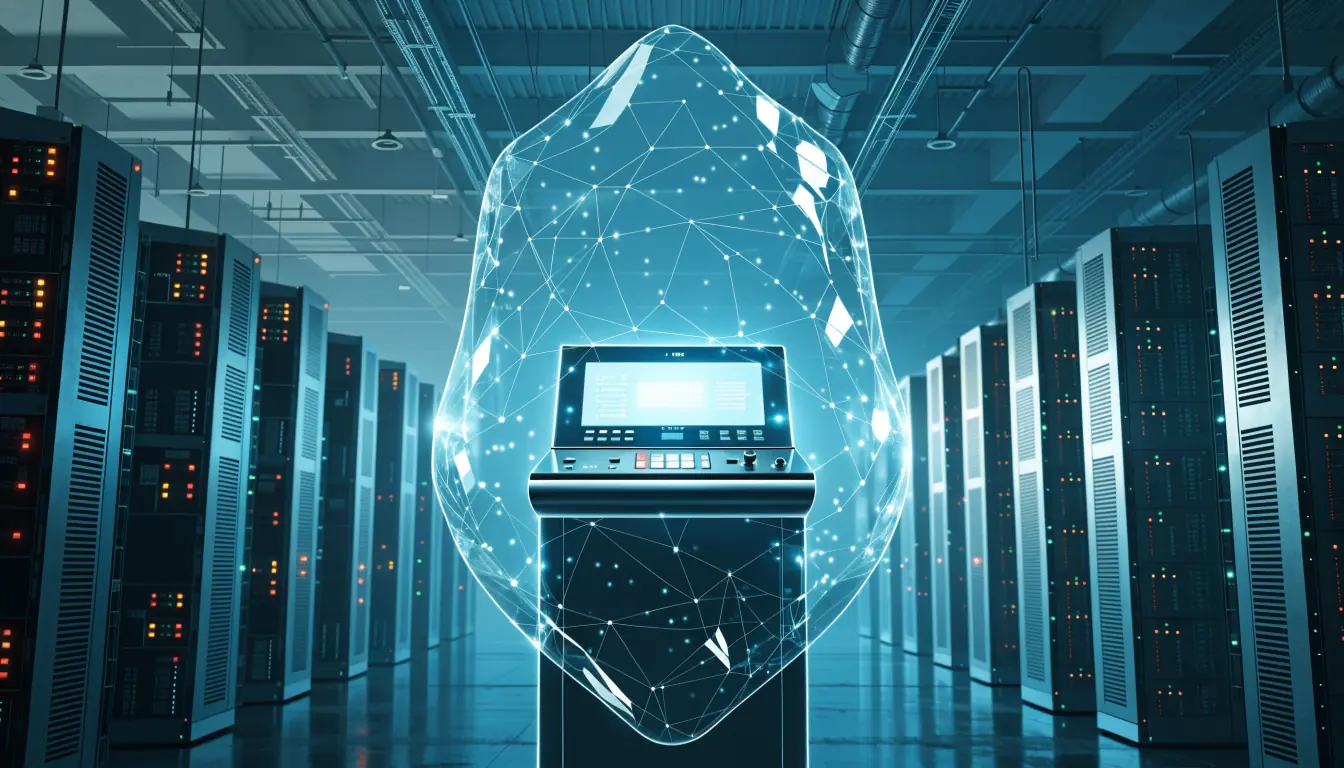 Slot machine with holographic security shield and server background