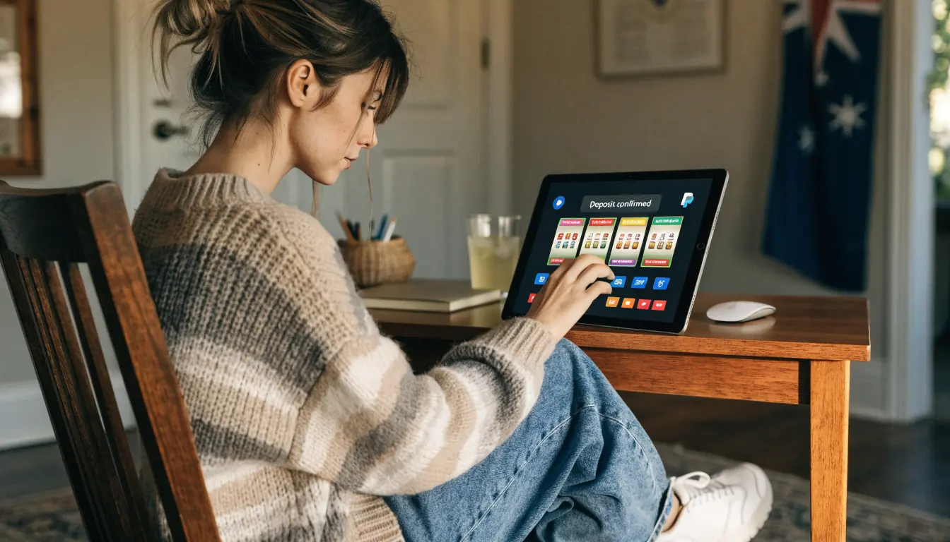 Australian woman playing slots on tablet with PayPal deposit confirmation