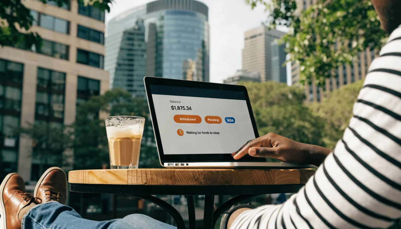 Laptop showing pending Visa withdrawal on a café table