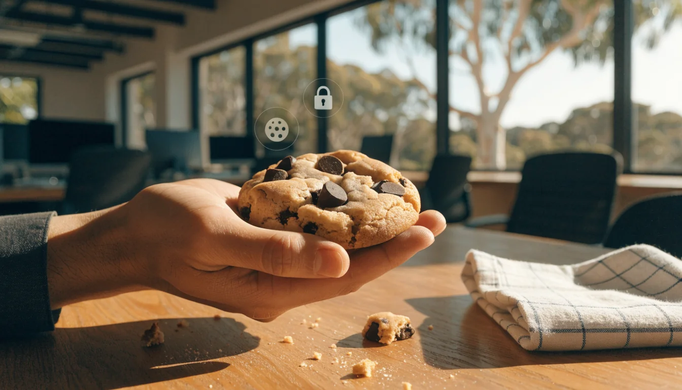 Hand holding chocolate chip cookie in Australian office