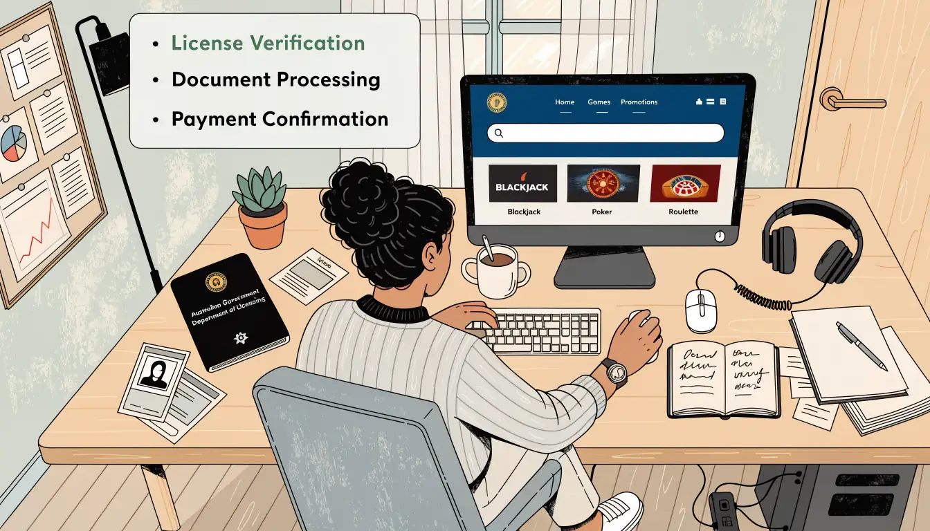 Desk with documents and computer showing casino license verification