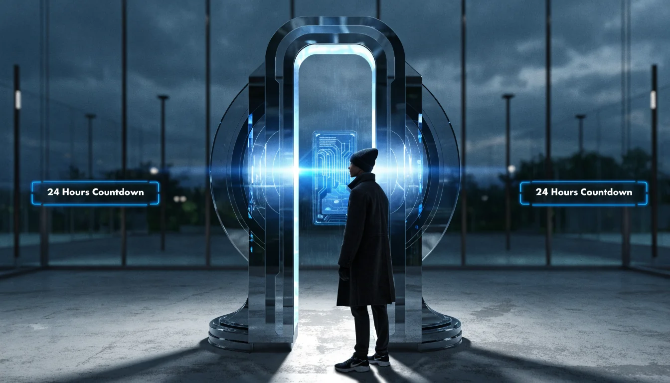 Futuristic verification gate scanning ID before withdrawal.