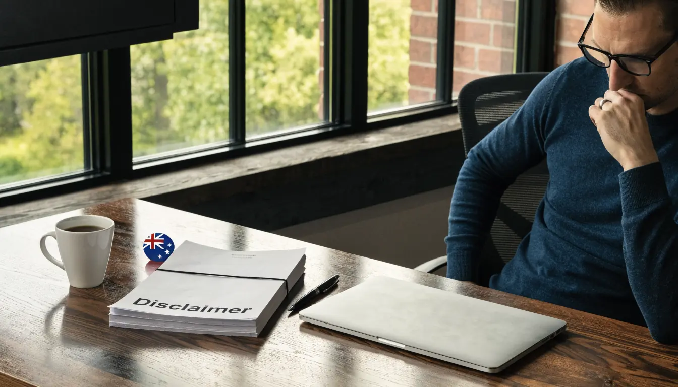 Office desk with laptop, disclaimer papers and Australian flag pin