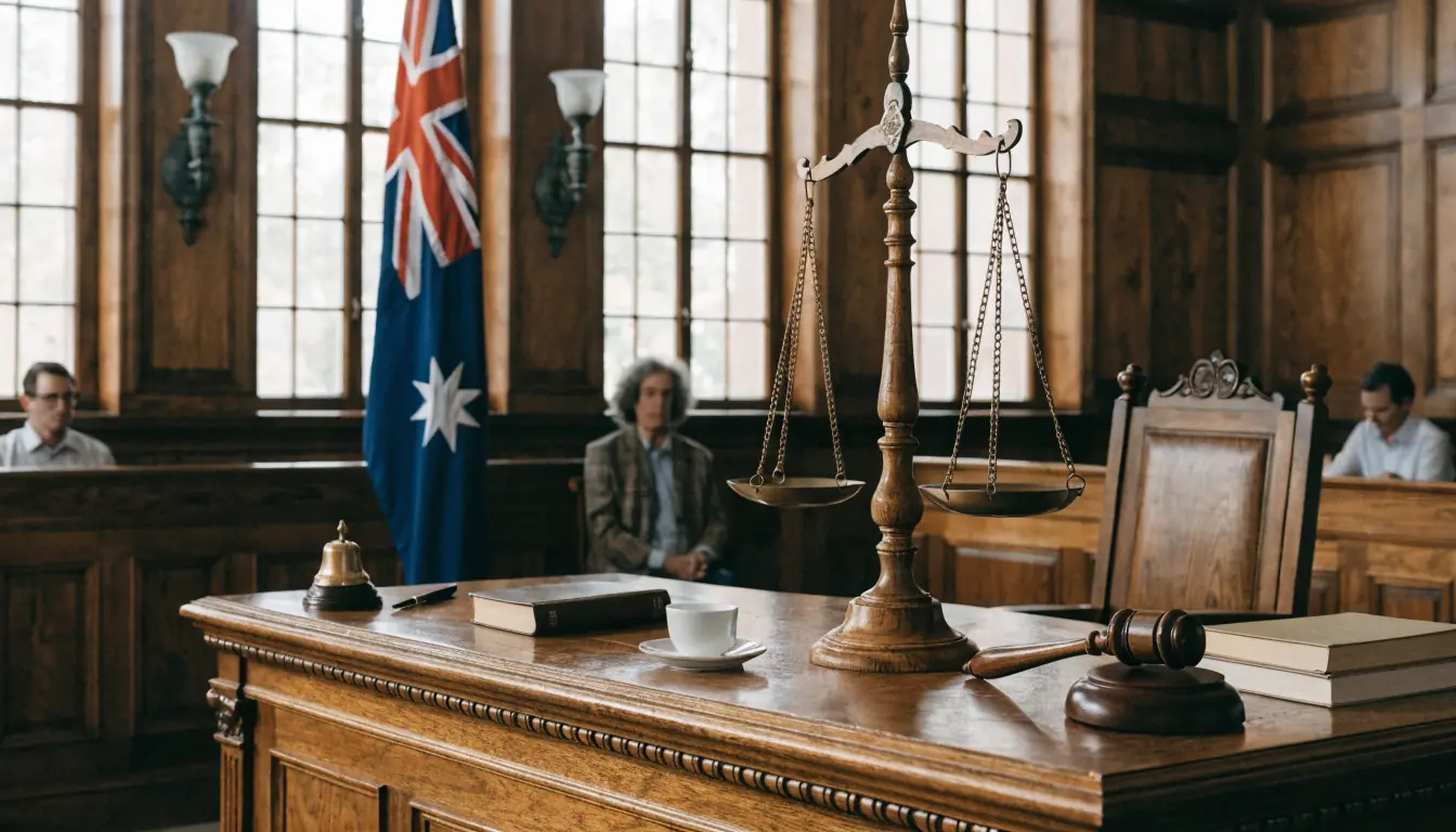 Australian courtroom with judge's bench, flag, and scales of justice