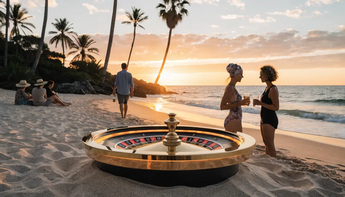 Sunset beach with a roulette wheel partially in the sand