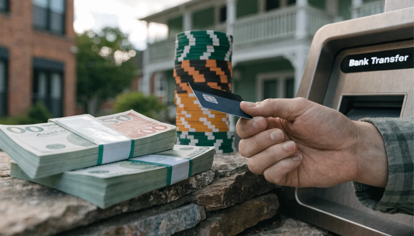 Hand with bank card and cash near casino chips