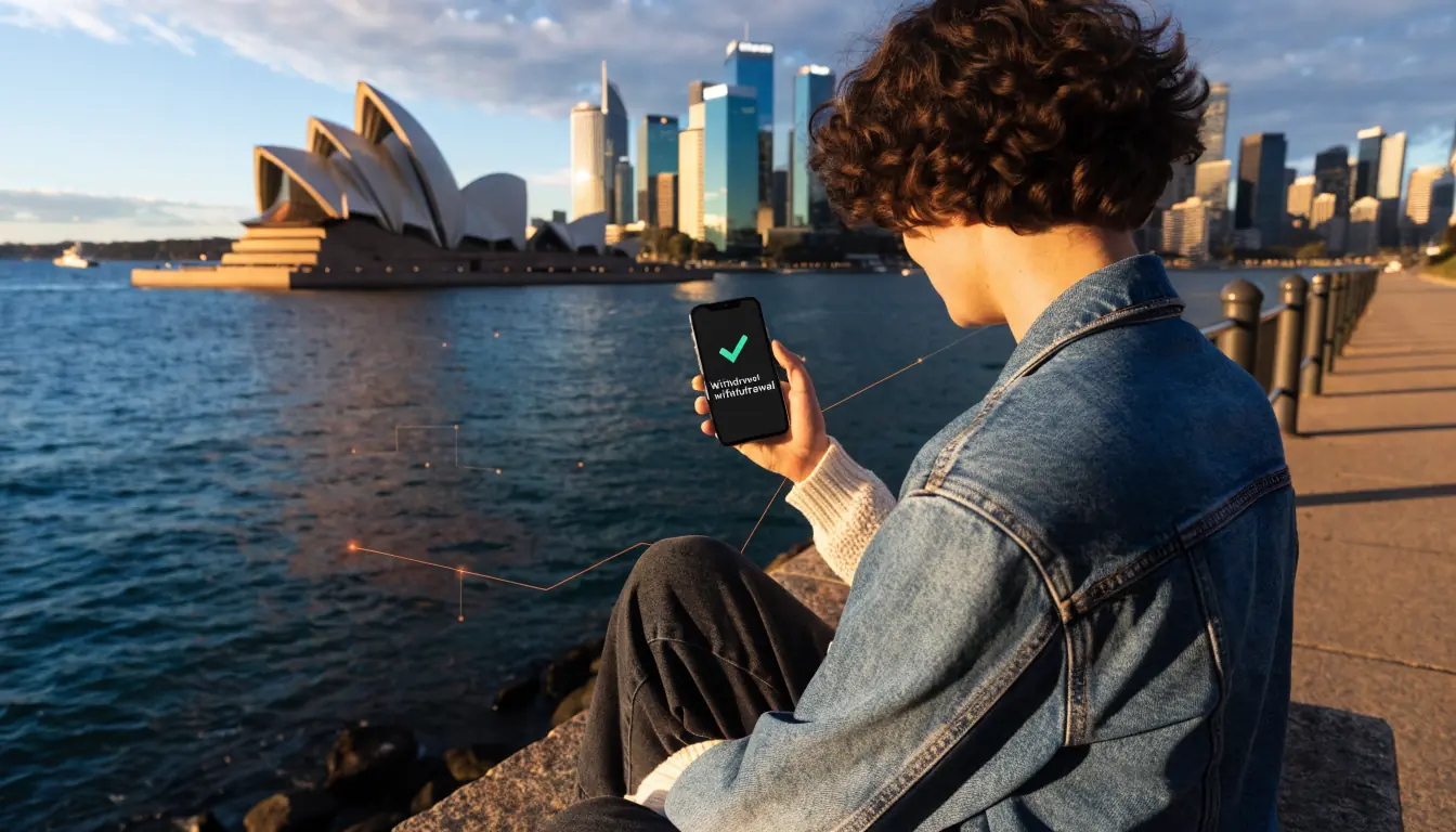 Australian person making instant PayID withdrawal on smartphone with Sydney skyline.