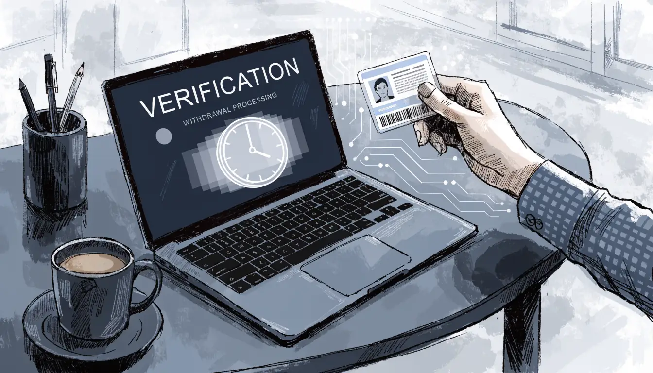 Desk with laptop, ID card, and clock illustrating verification layers.