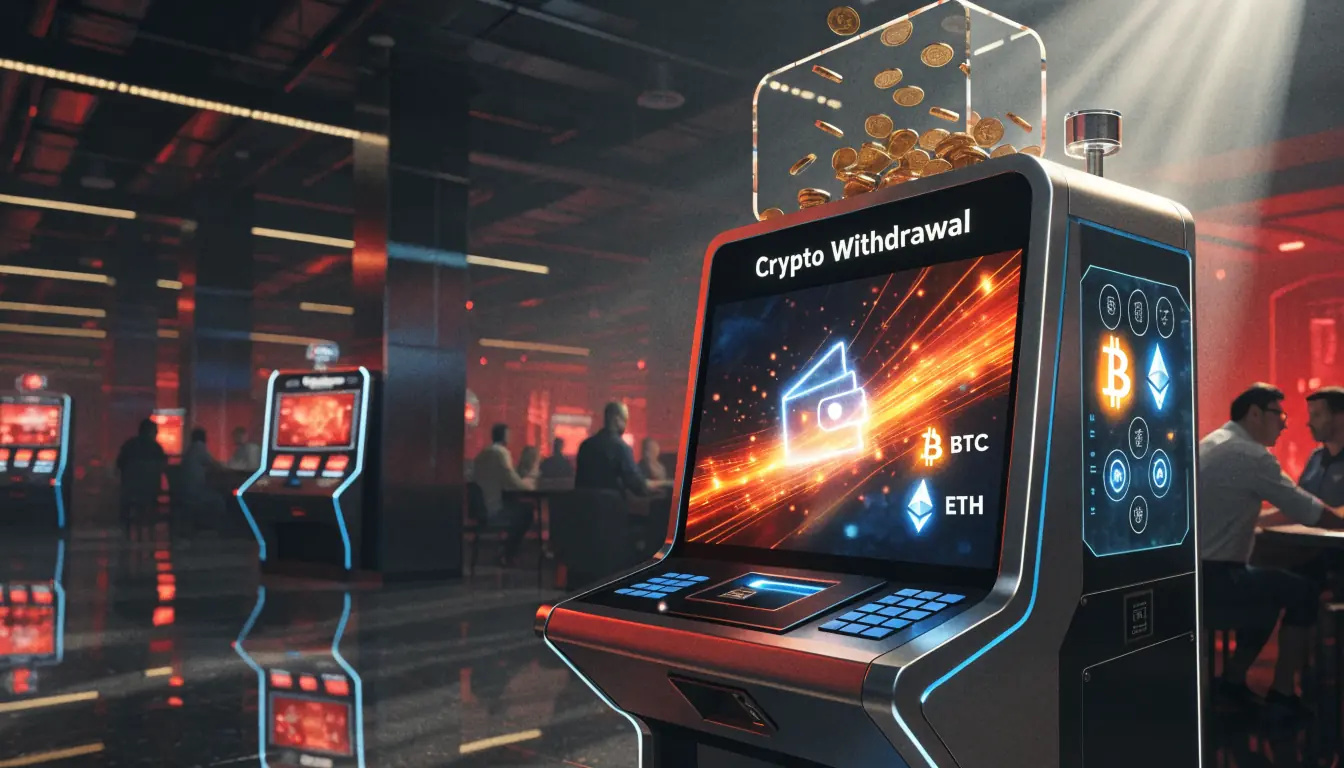 Futuristic pokies machine with neon crypto symbols and holographic wallet.