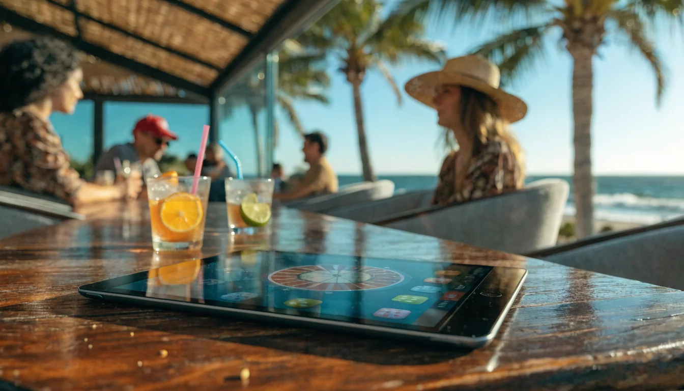 iPad showing casino game on a beachside café table in Australia