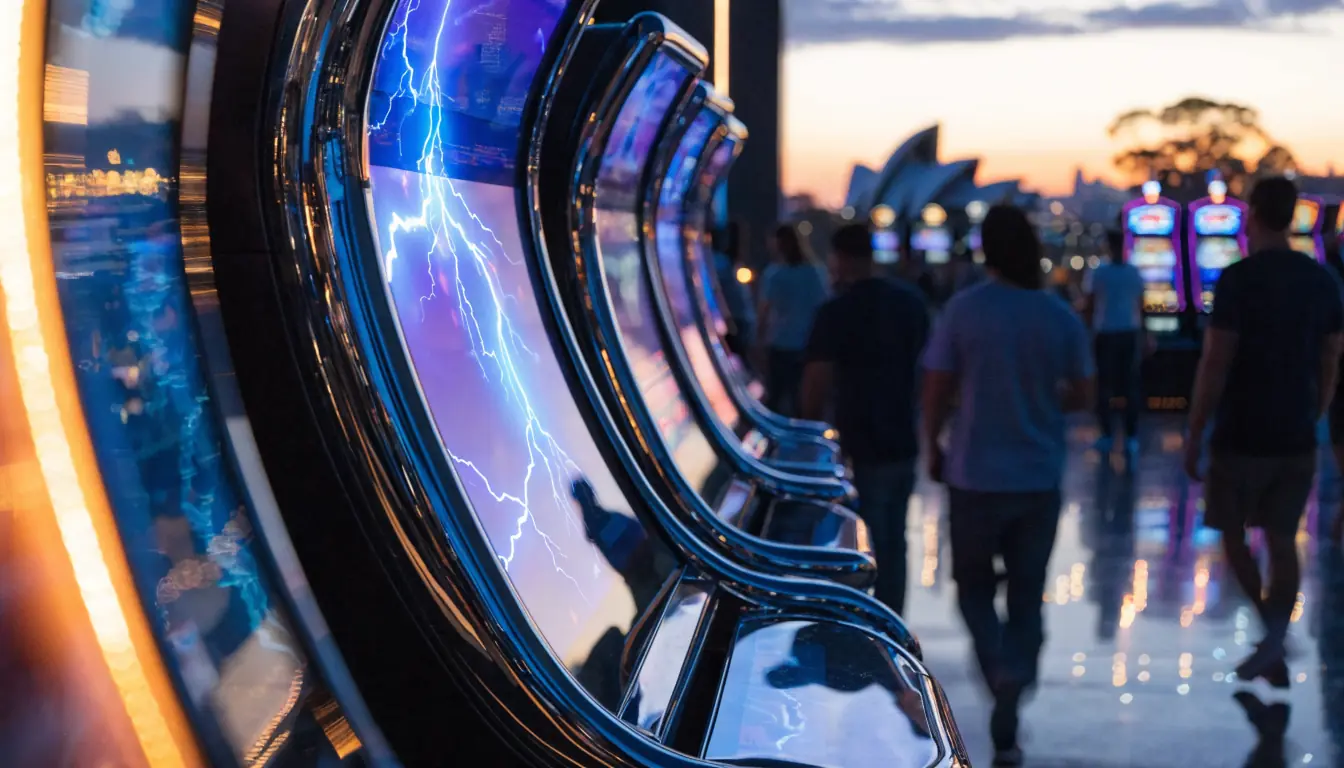 Lightning Link slot machine with Australian backdrop at dusk
