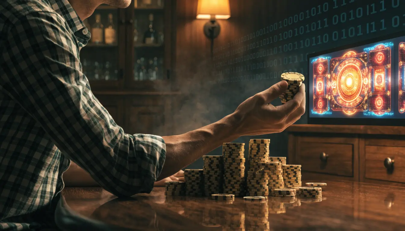 Player holding chips beside digital slot machine