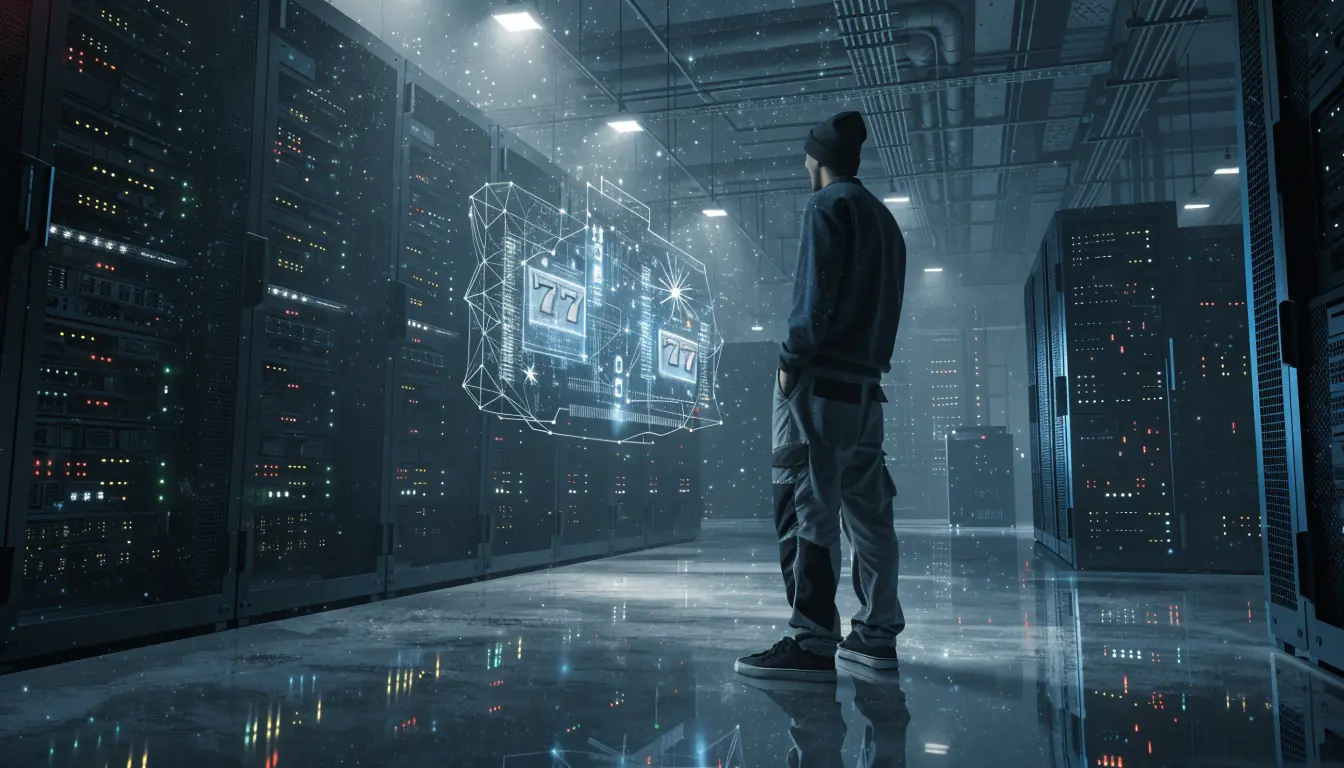 Server room with holographic slot symbols and RNG streams