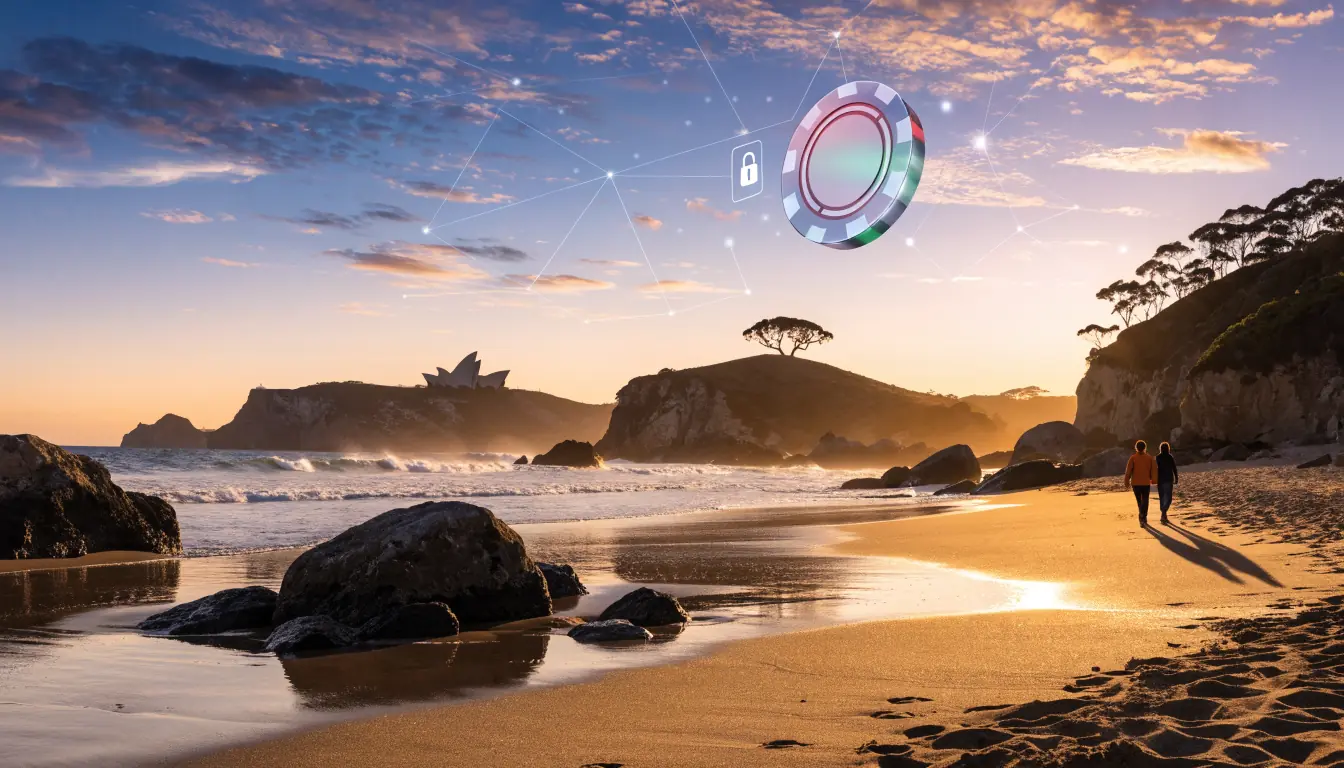 Sunset Australian beach with lock and casino chip hologram