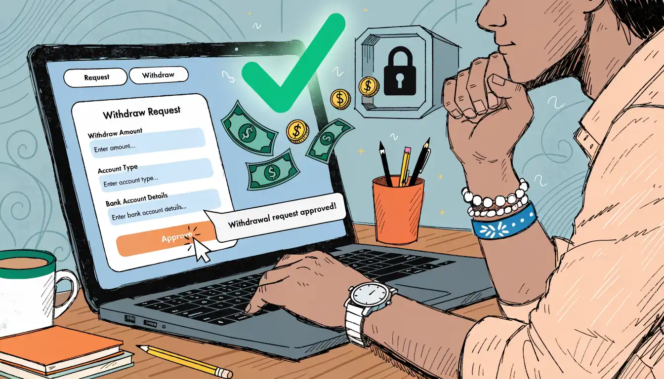 Player approving withdrawal with glowing checkmark and digital coins