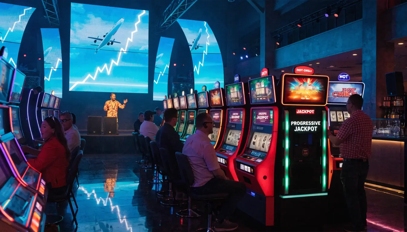 Casino lounge with game‑show host, pokies and crash game graphics