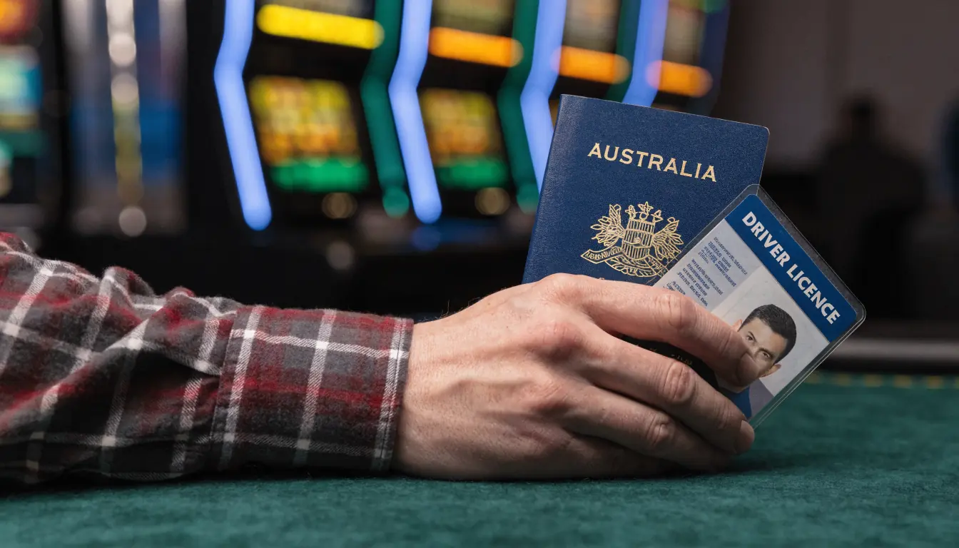 Hand holding Australian passport and licence at casino