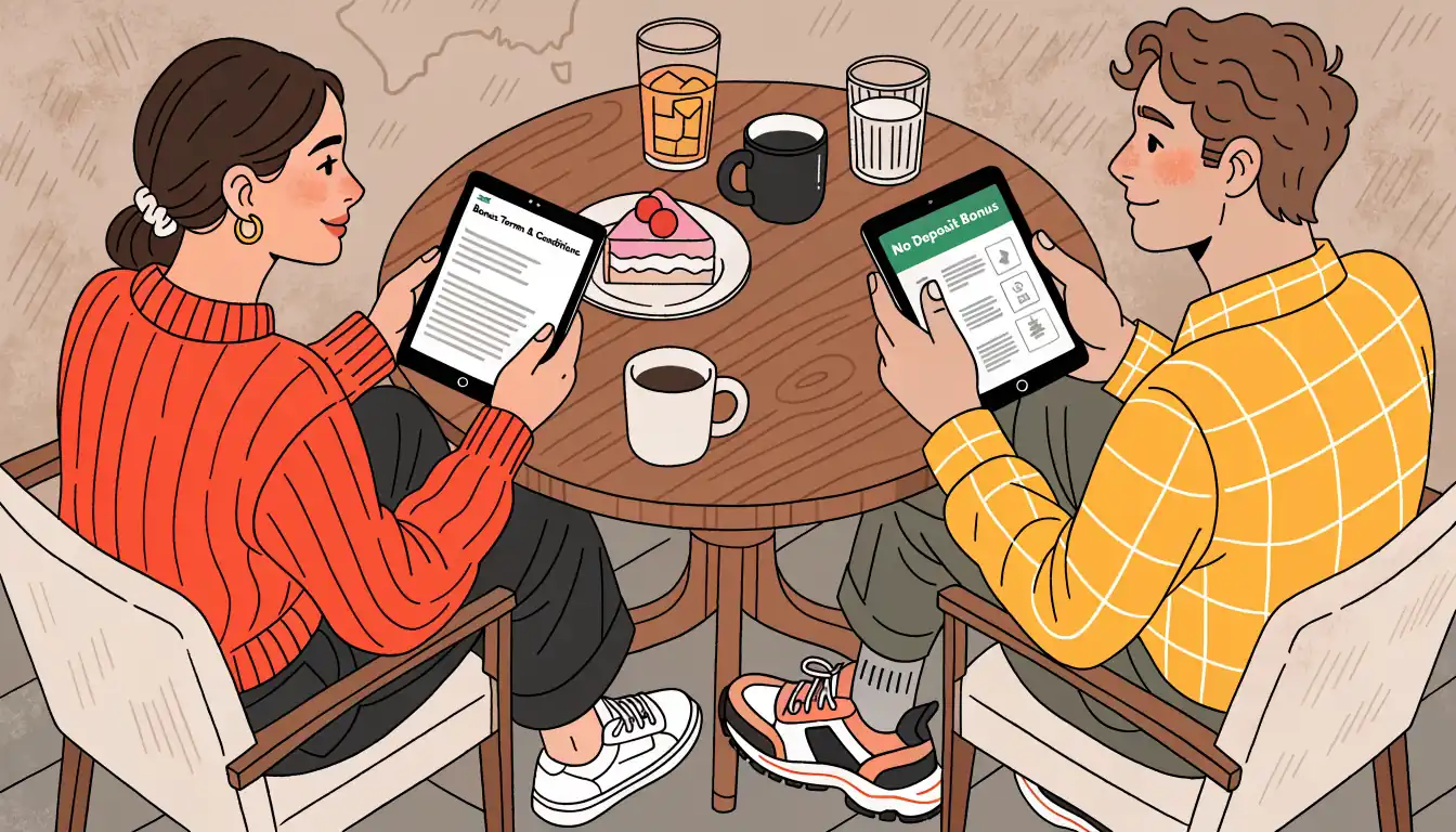 Couple at café reviewing casino bonus on tablets