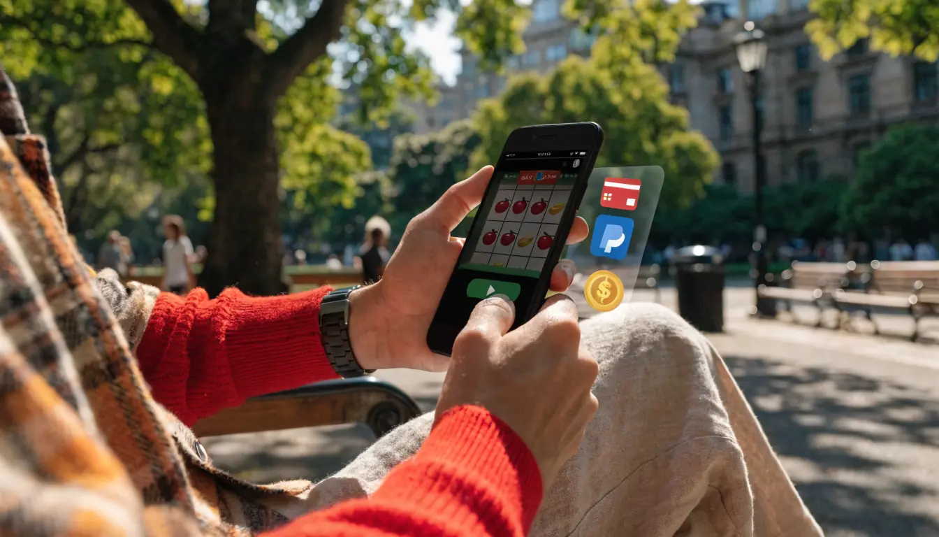 Person playing casino game on smartphone in park