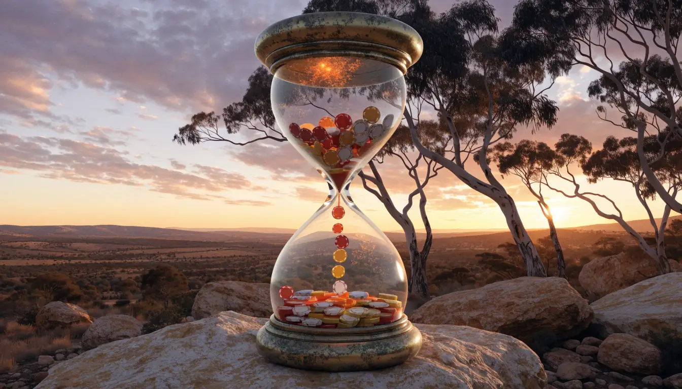 Hourglass with casino chips against Australian sunset