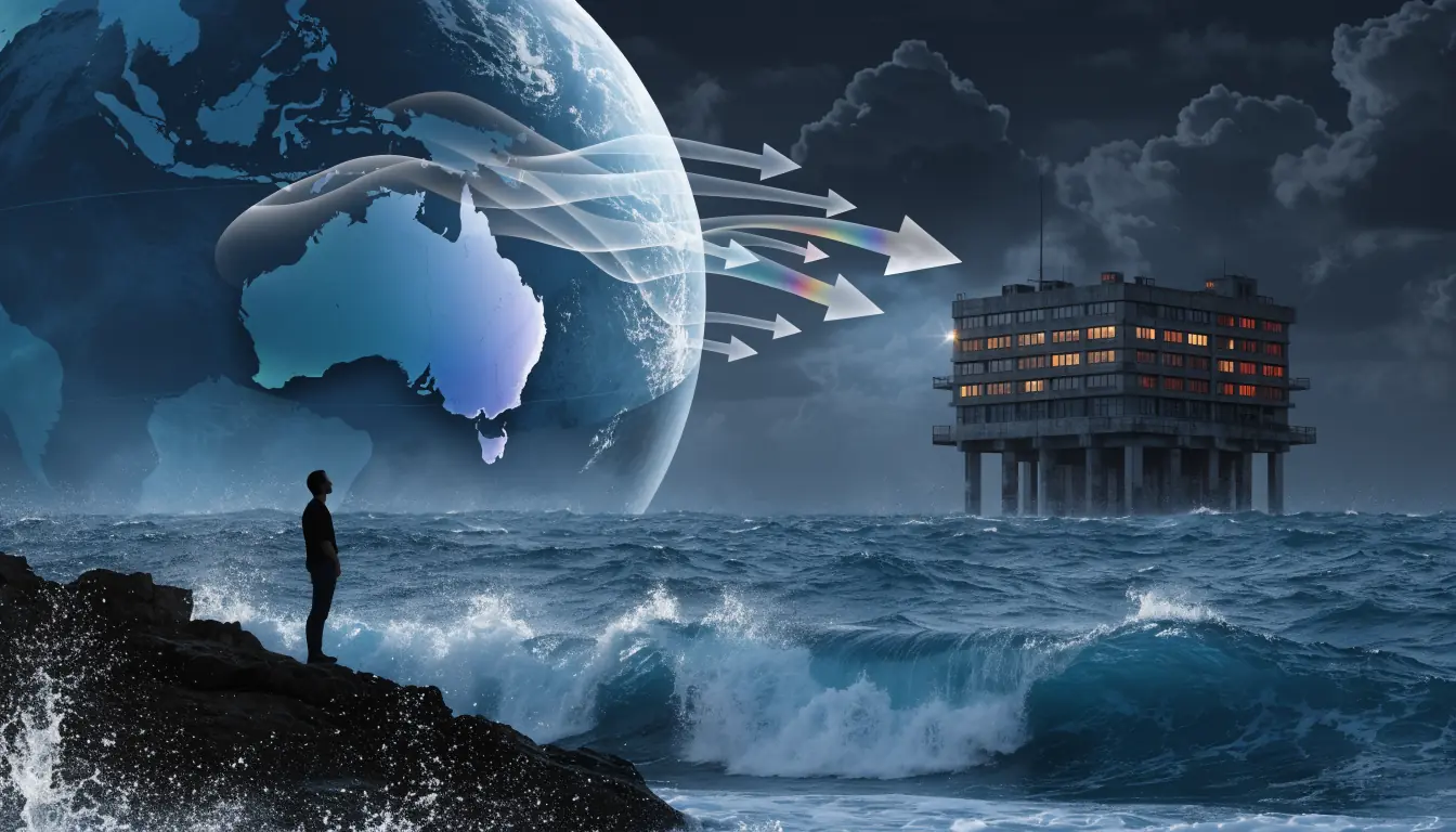 Globe showing Australia with arrows to offshore casino
