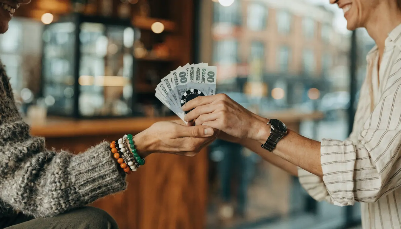 Player receiving cash for casino win in Australian café