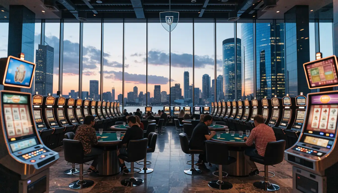Large Australian casino floor with skyline view and trust icon
