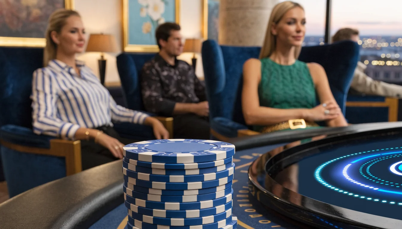 Casino table with chips and reload bonus icon in Australian lounge
