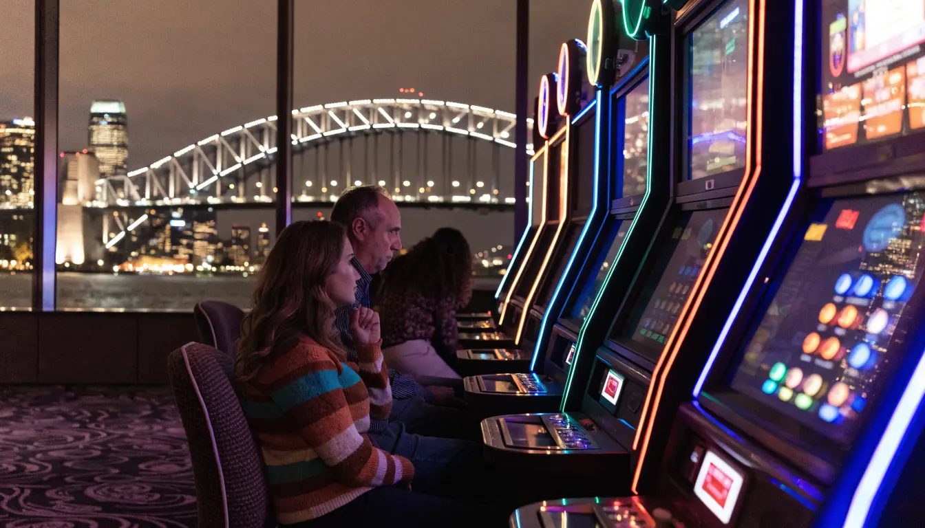 Australian casino floor with glowing pokies and Sydney Harbour Bridge backdrop