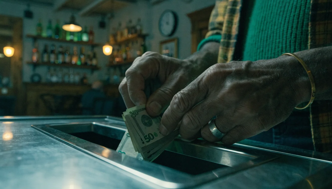 Person inserting cash into a pokie machine in a dark pub