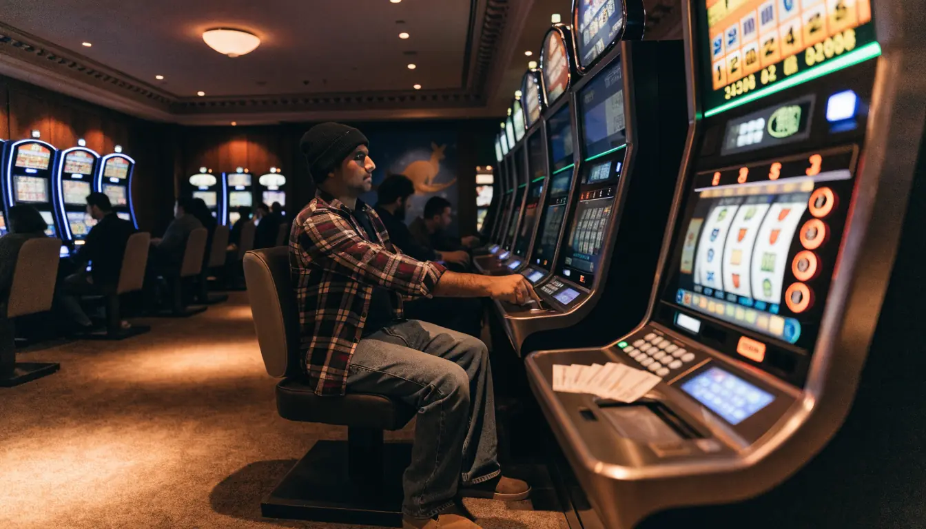 Australian casino floor with pokies and a focused player
