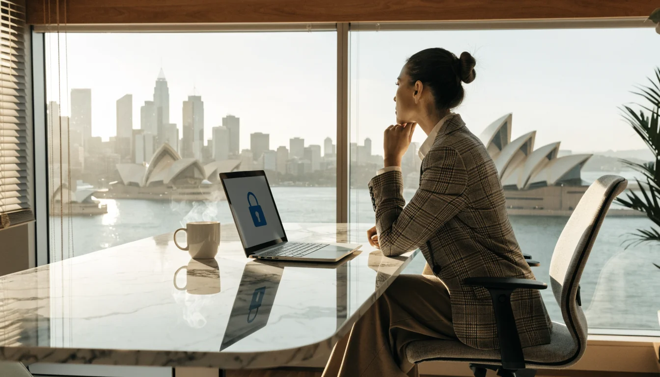 Australian woman at office desk with blurred laptop lock icon