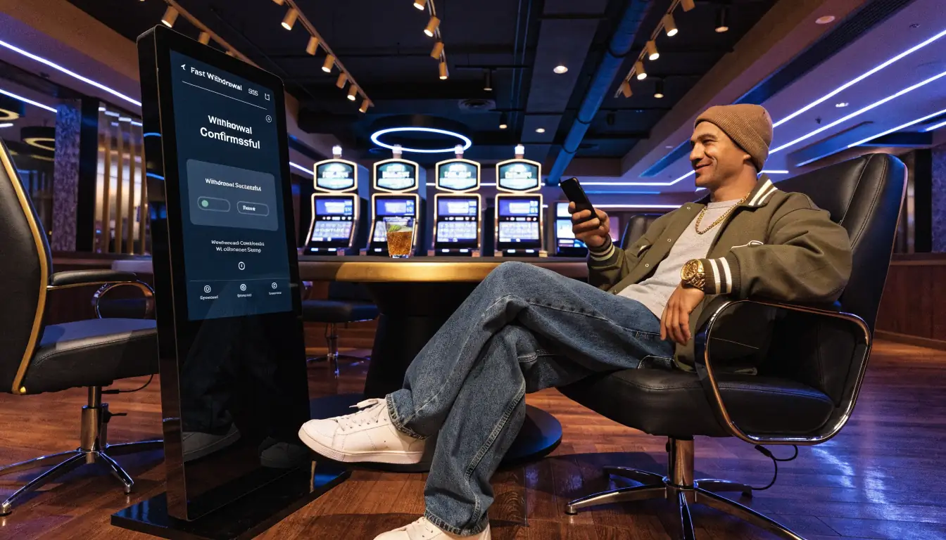 Australian casino interior with digital kiosk and player showing fast withdrawal on phone